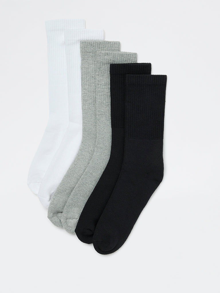WES Lounge Grey Cotton-Blend Full Length Socks - Pack of 3