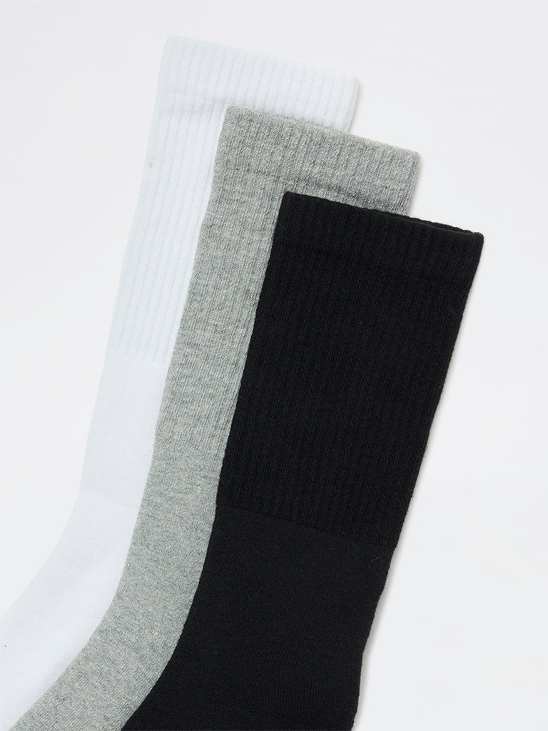 WES Lounge Grey Cotton-Blend Full Length Socks - Pack of 3
