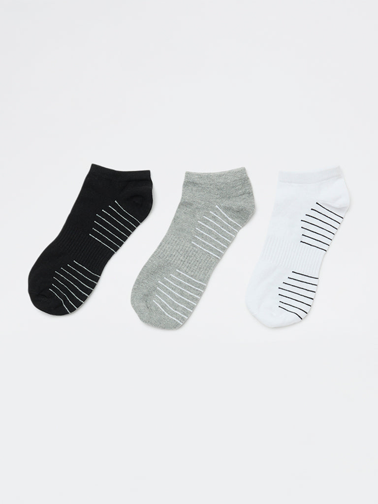 WES Lounge Grey Striped Cotton-Blend Ankle Length Socks - Pack of 3