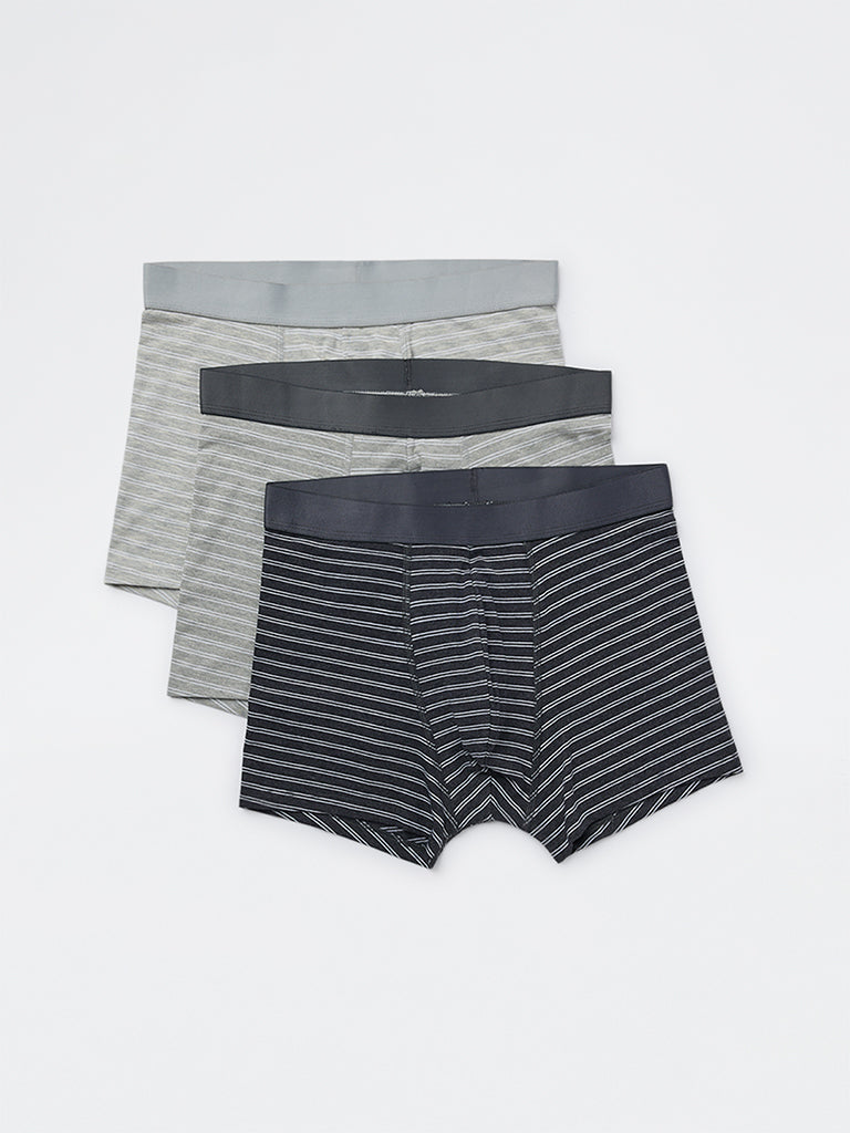 WES Lounge Grey Striped Cotton-Blend Trunks - Pack of 3