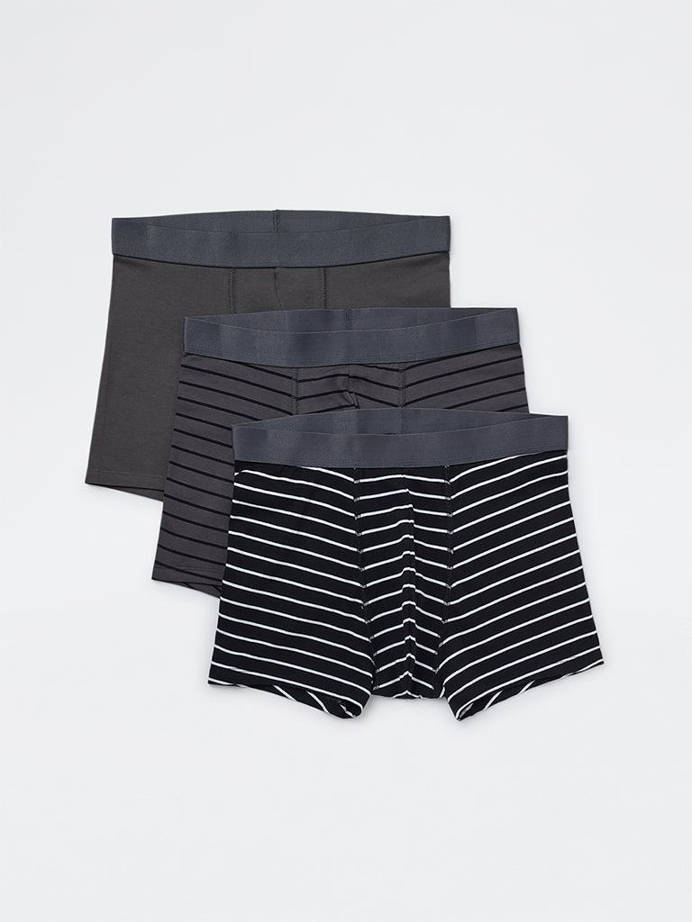 WES Lounge Grey Striped Cotton-Blend Trunks - Pack of 3