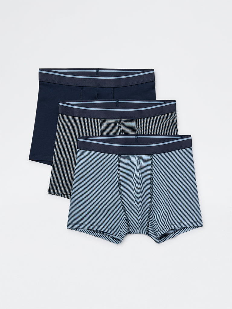 WES Lounge Navy Striped Cotton-Blend Trunks - Pack of 3