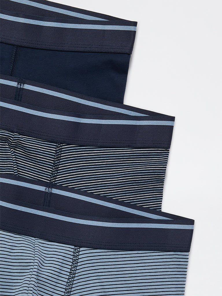 WES Lounge Navy Striped Cotton-Blend Trunks - Pack of 3