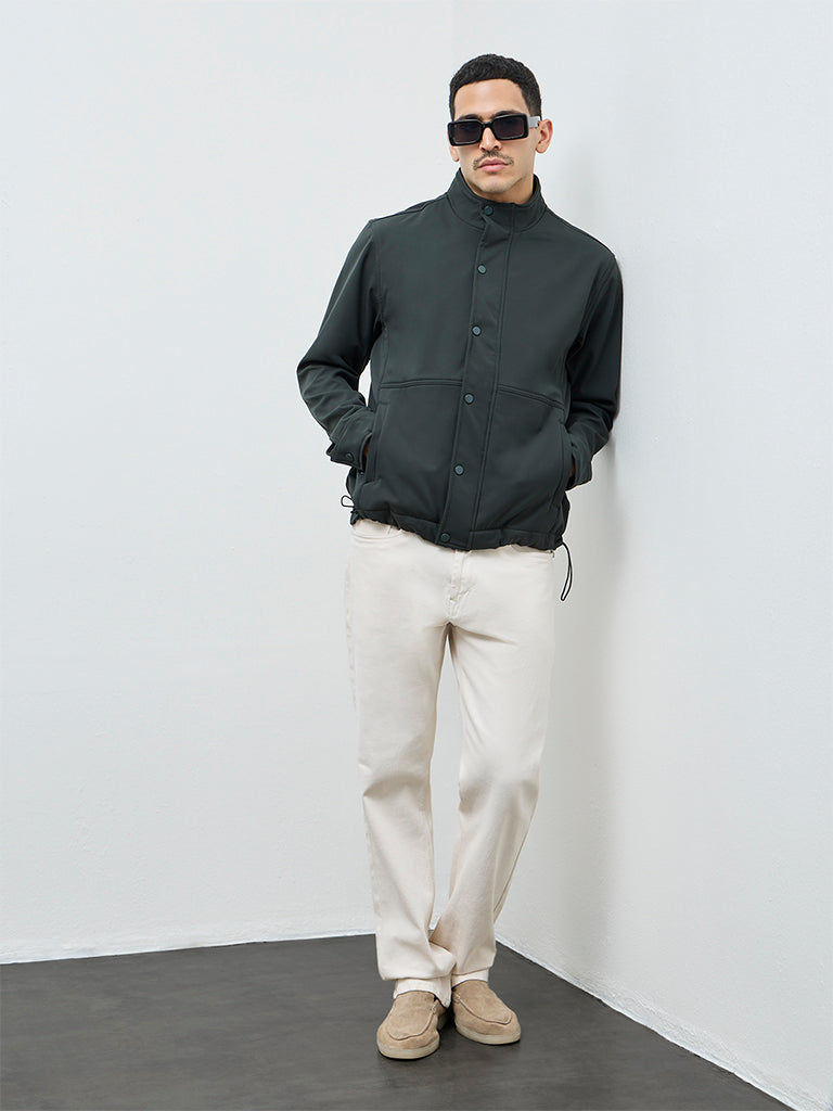 WES Casuals Olive Solid Relaxed Fit Jacket