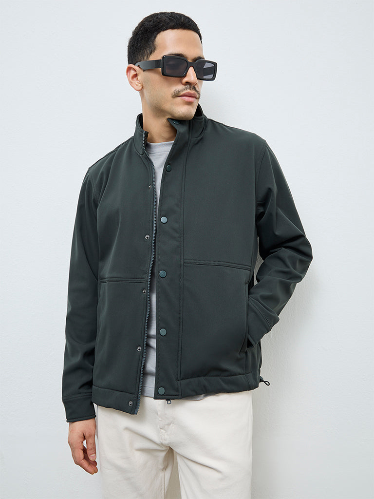 WES Casuals Olive Solid Relaxed Fit Jacket