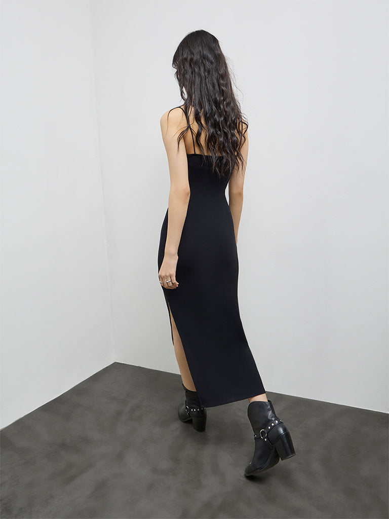 Nuon Black Ribbed-Textured Straight Dress