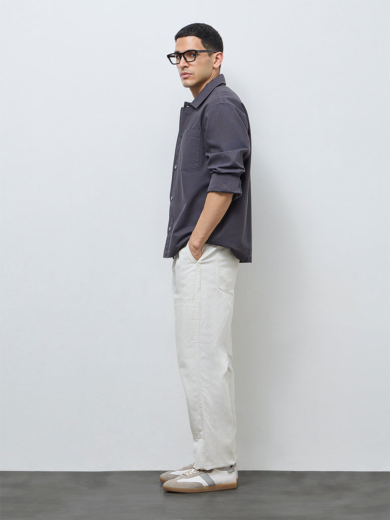 WES Casuals Charcoal Solid Relaxed-Fit Cotton Shirt