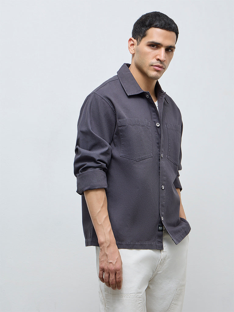WES Casuals Charcoal Solid Relaxed-Fit Cotton Shirt