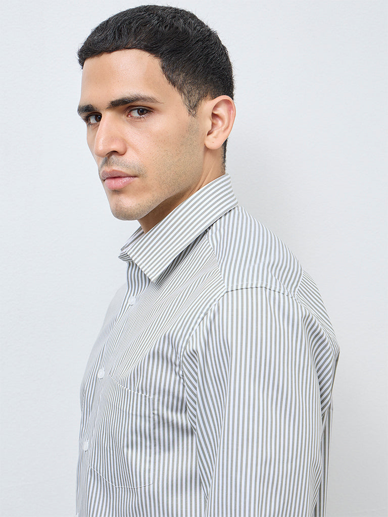 WES Formals Sage Striped Relaxed-Fit Cotton Shirt