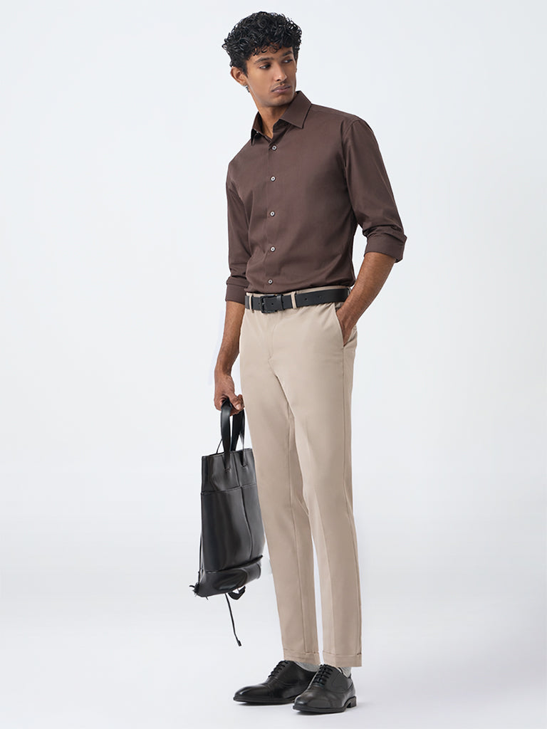 WES Formals Dark Brown Solid Ultra-Slim Fit Cotton Shirt