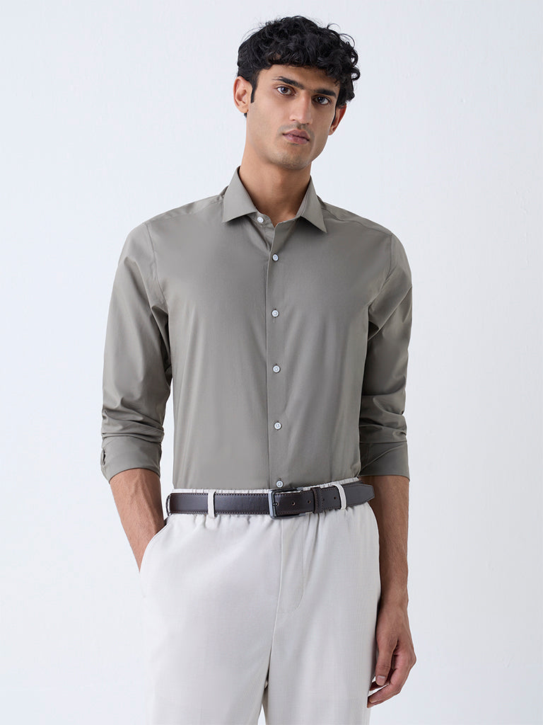 WES Formals Olive Slim-Fit Cotton-Blend Shirt