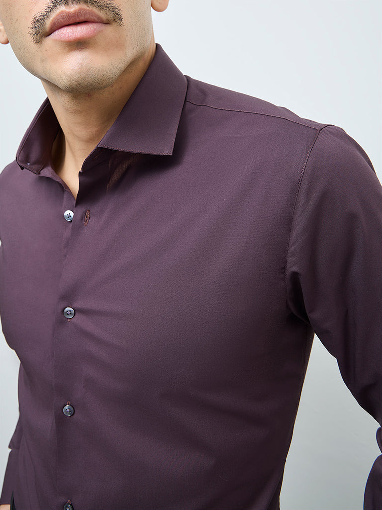 WES Formals Wine Solid Ultra Slim-Fit Cotton-Blend Shirt