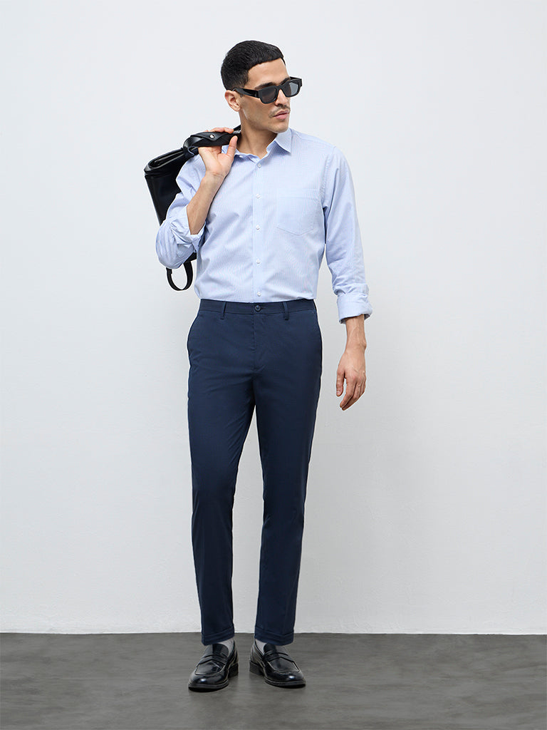 WES Formals Navy Textured Mid-Rise Slim-Fit Trousers