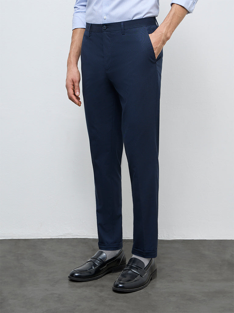 WES Formals Navy Textured Mid-Rise Slim-Fit Trousers