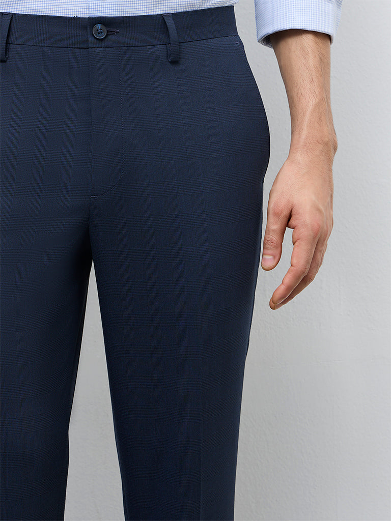 WES Formals Navy Textured Mid-Rise Slim-Fit Trousers