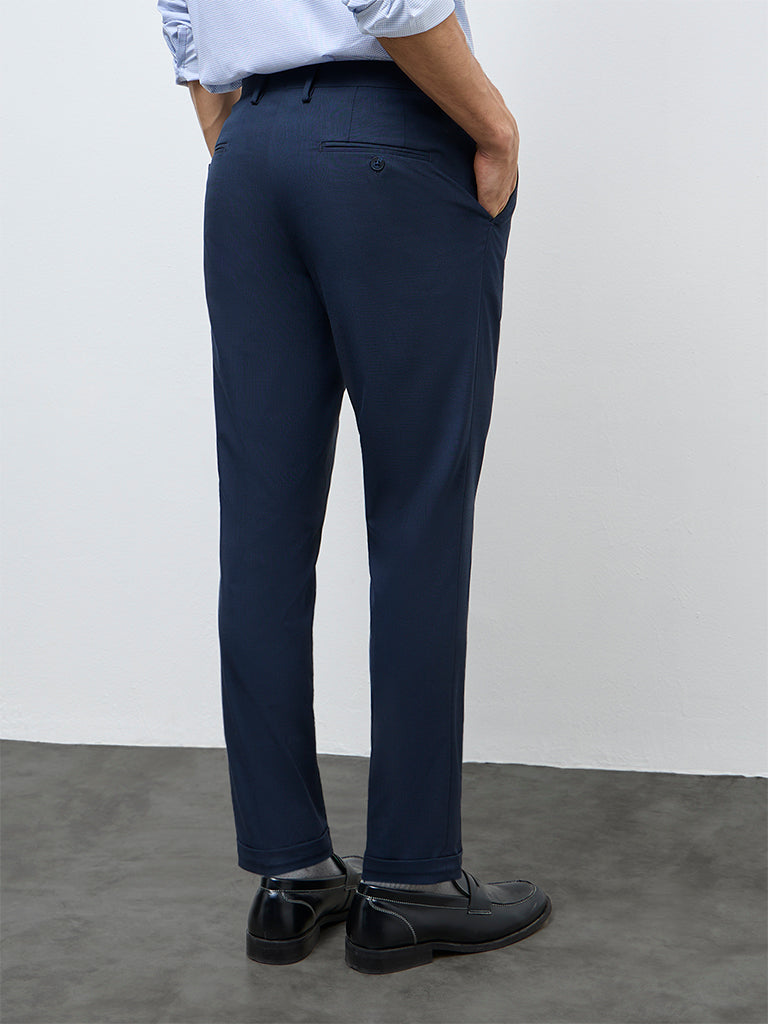 WES Formals Navy Textured Mid-Rise Slim-Fit Trousers