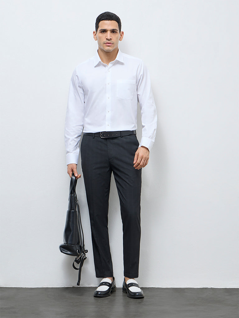 WES Formals Black Checkered Slim-Fit Mid-Rise Trousers