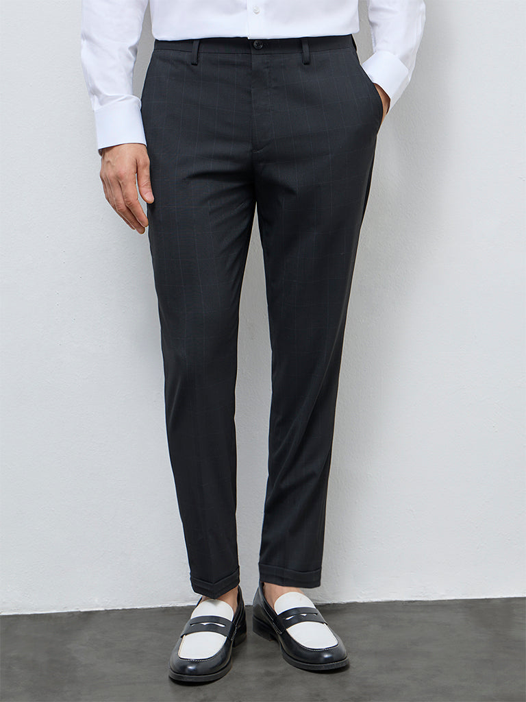 WES Formals Black Checkered Slim-Fit Mid-Rise Trousers