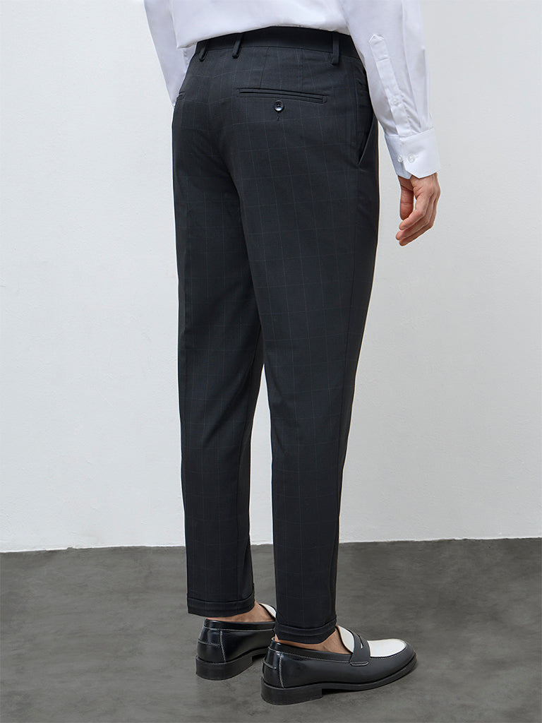 WES Formals Black Checkered Slim-Fit Mid-Rise Trousers
