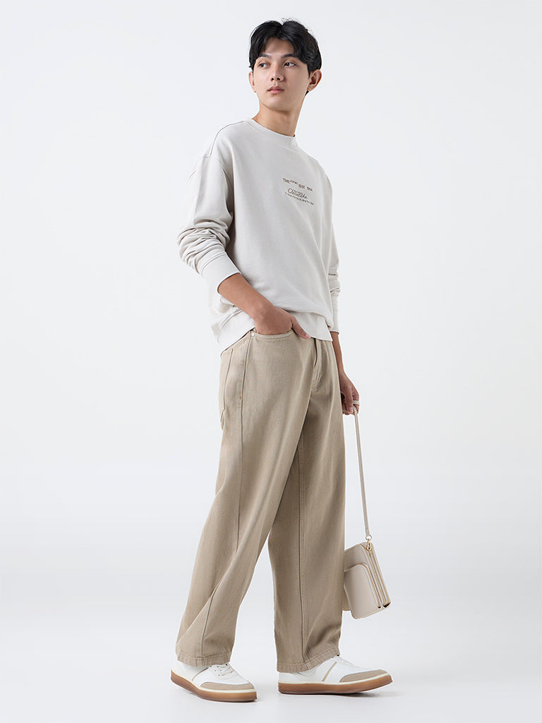 Nuon Taupe Text Detailed Relaxed-Fit Cotton Sweatshirt
