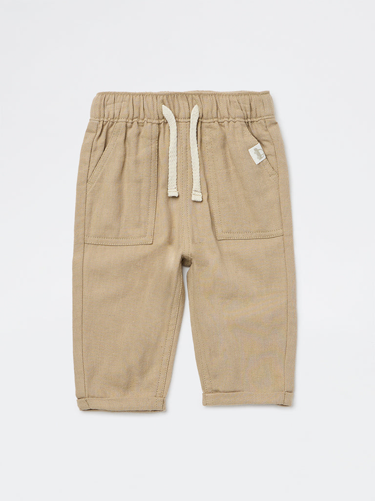 HOP Baby Boys Beige Mid-Rise Cotton-Blend Trousers