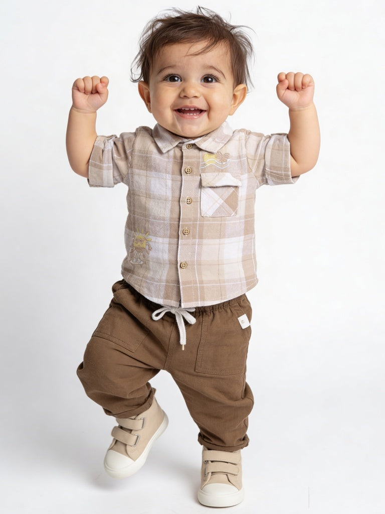 HOP Baby Boys Brown Cotton-Blend Trousers