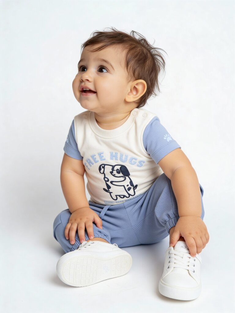 HOP Baby Boys Blue Embroidered Cotton T-Shirt and Joggers Set