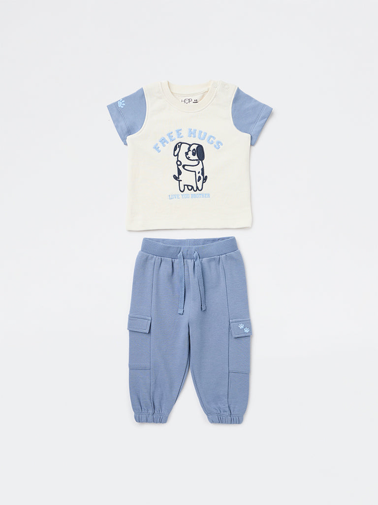 HOP Baby Boys Blue Embroidered Cotton T-Shirt and Joggers Set