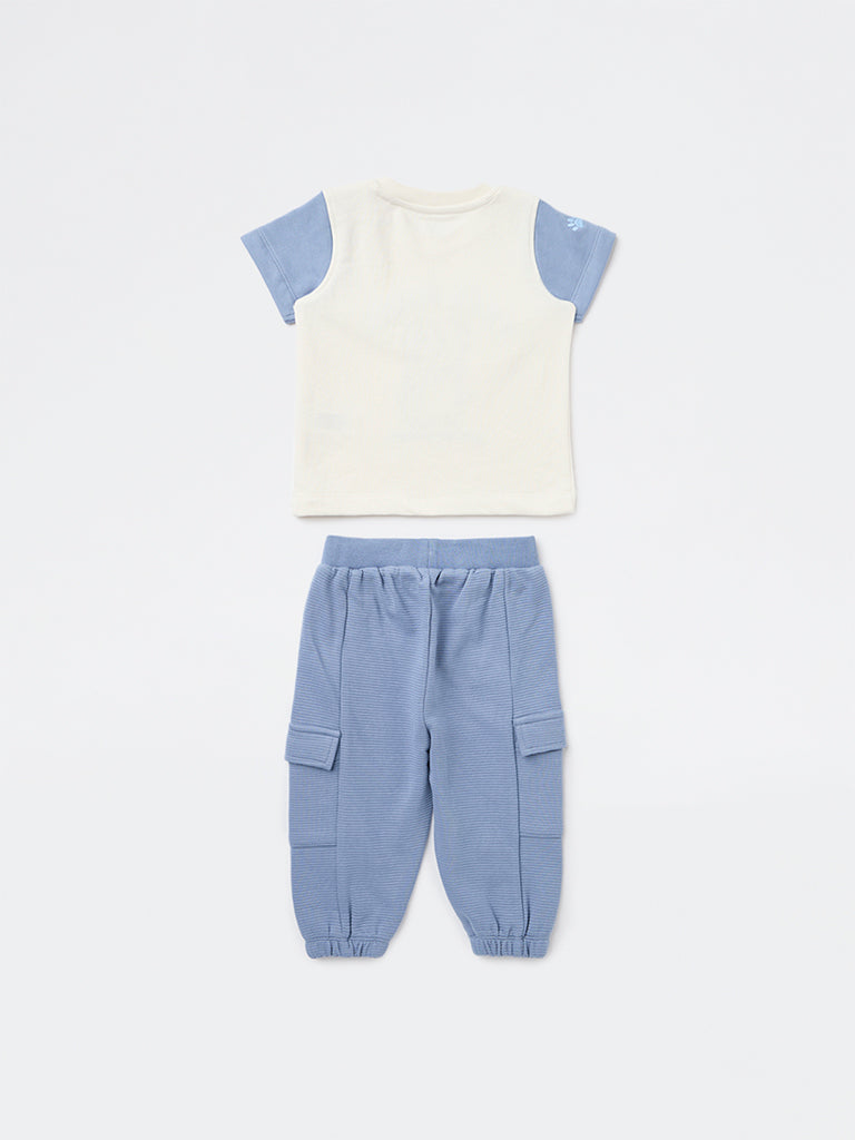 HOP Baby Boys Blue Embroidered Cotton T-Shirt and Joggers Set