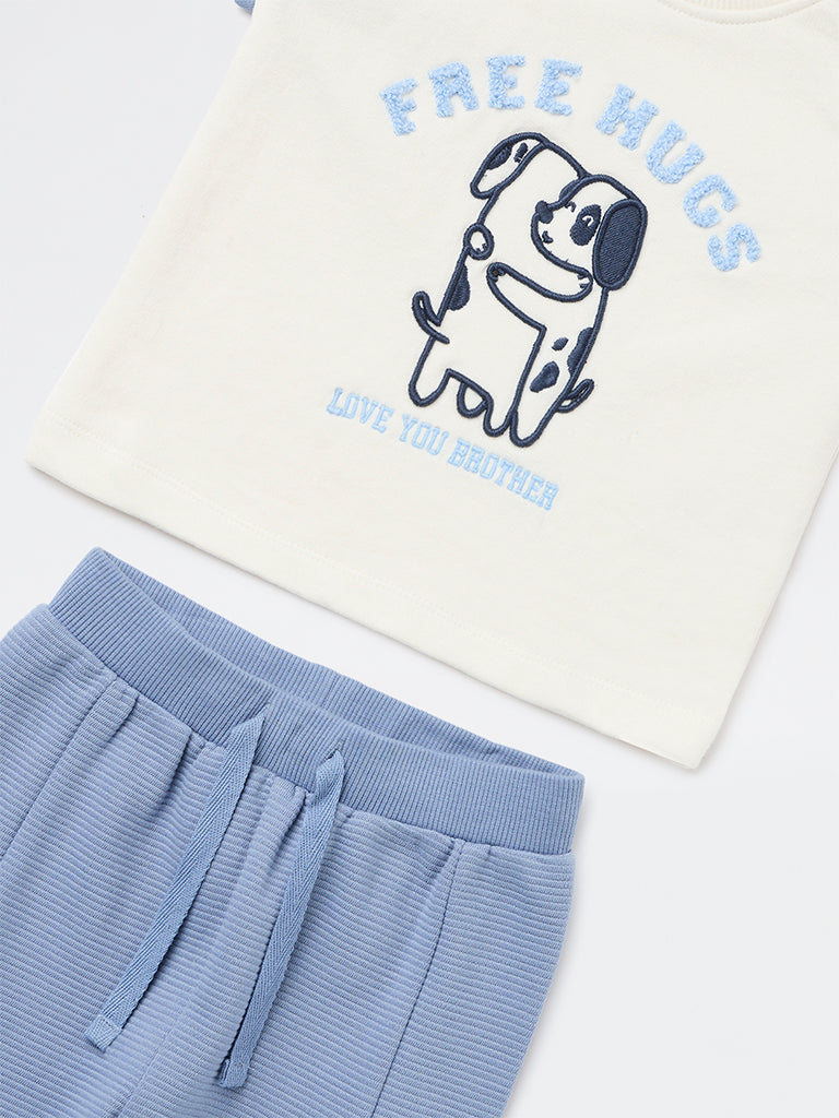 HOP Baby Boys Blue Embroidered Cotton T-Shirt and Joggers Set