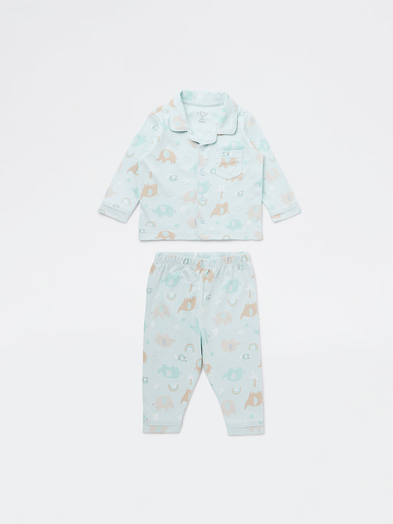 HOP Baby Boys Sage Animal Printed SUPIMA Cotton Shirt and Pants Set