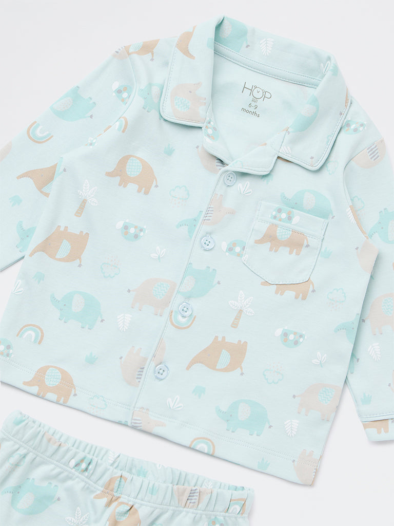 HOP Baby Boys Sage Animal Printed SUPIMA Cotton Shirt and Pants Set