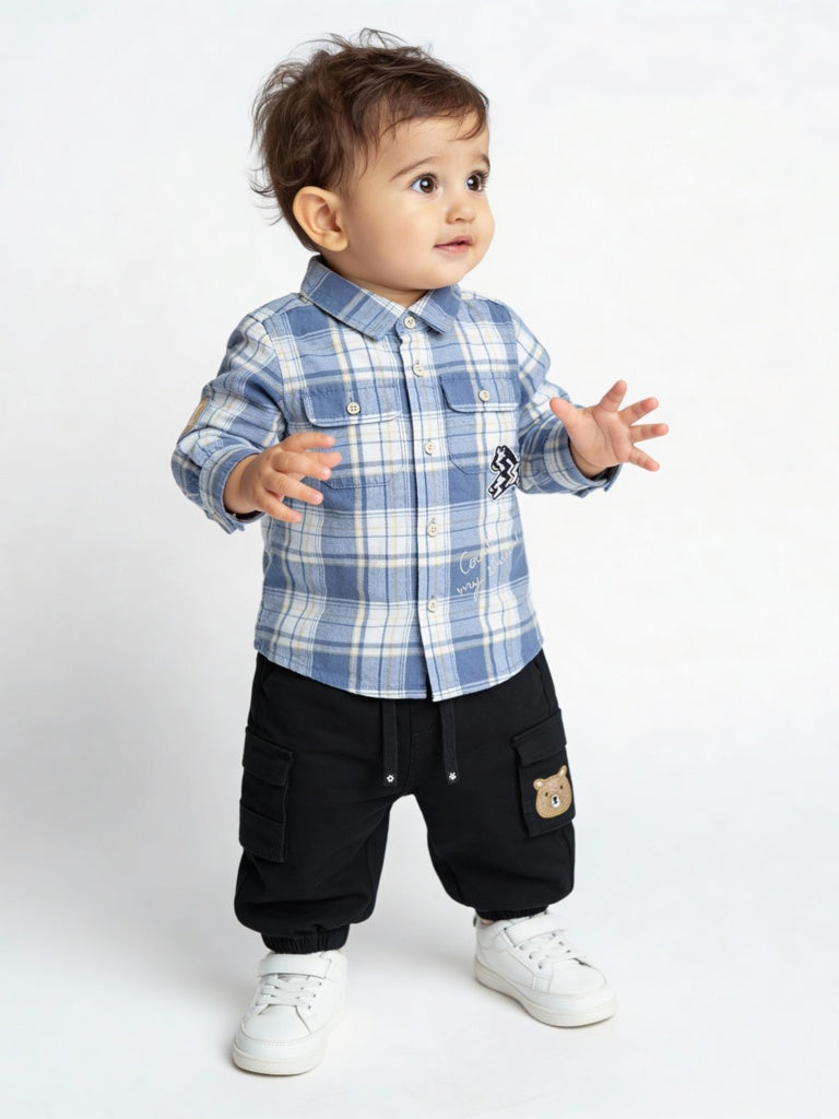 HOP Baby Boys Dusty Blue Checks Detailed Cotton Shirt