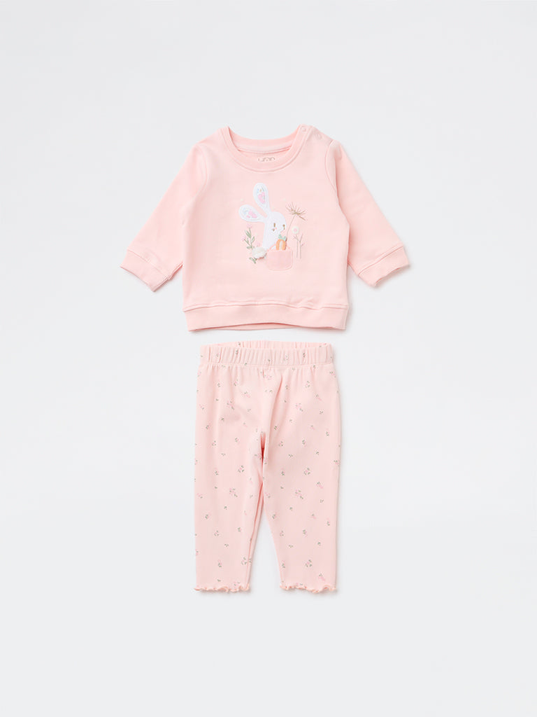 HOP Baby Girls Pink Cotton-Blend Sweatshirt and Pants Set