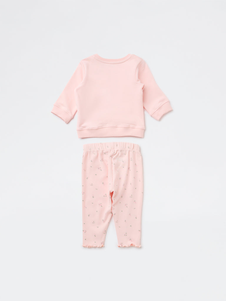 HOP Baby Girls Pink Cotton-Blend Sweatshirt and Pants Set