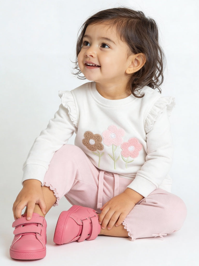 HOP Baby Girls Off-White Cotton-Blend T-Shirt and Pants Set