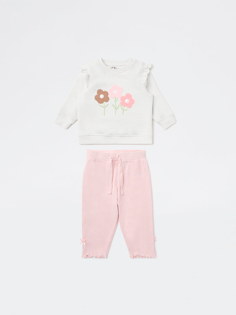 HOP Baby Girls Off-White Cotton-Blend T-Shirt and Pants Set