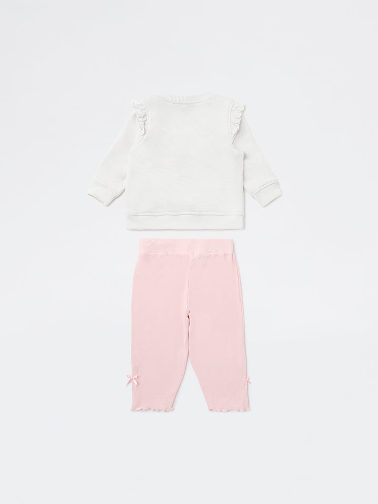HOP Baby Girls Off-White Cotton-Blend T-Shirt and Pants Set