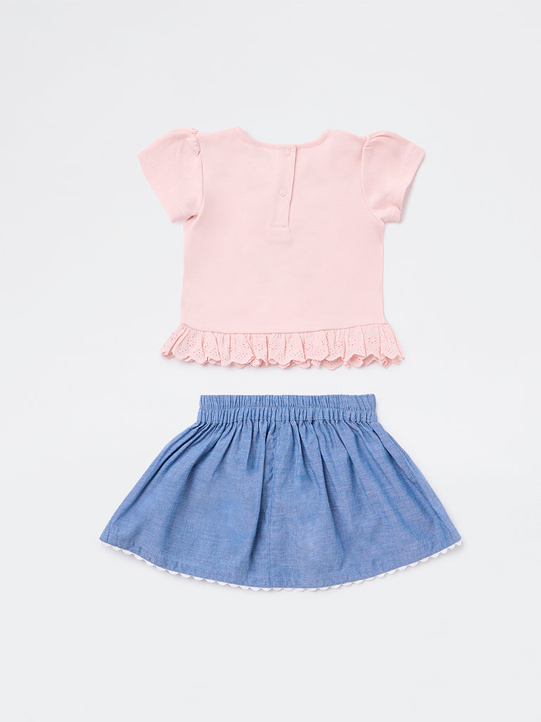 HOP Baby Girls Pink Embroidered Cotton Top and Skirt Set