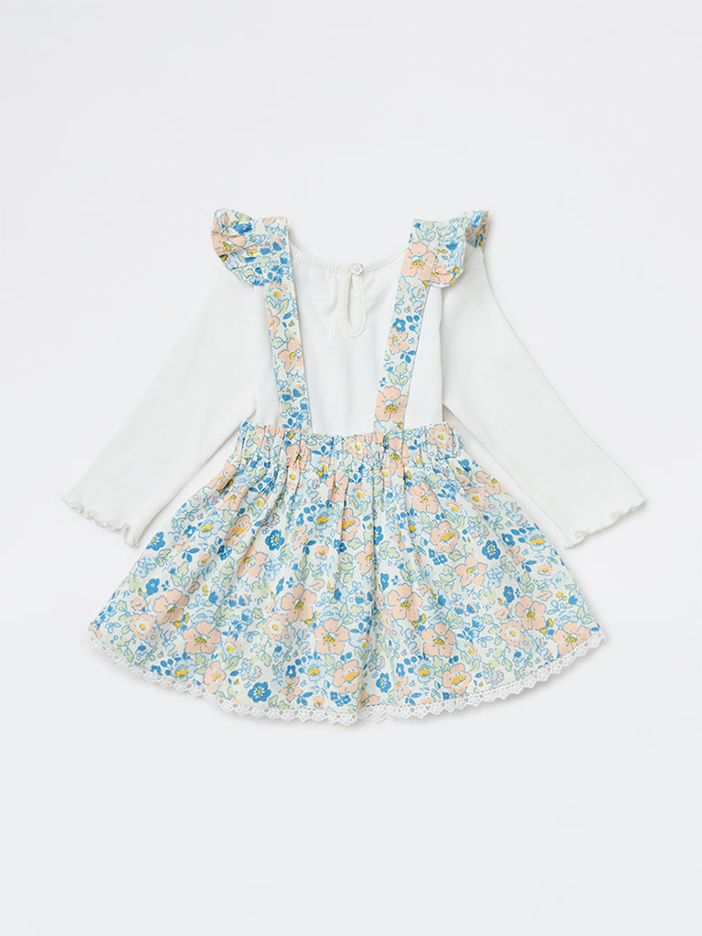 HOP Baby Girls Blue Floral Cotton-Blend Pinafore with T-Shirt Set