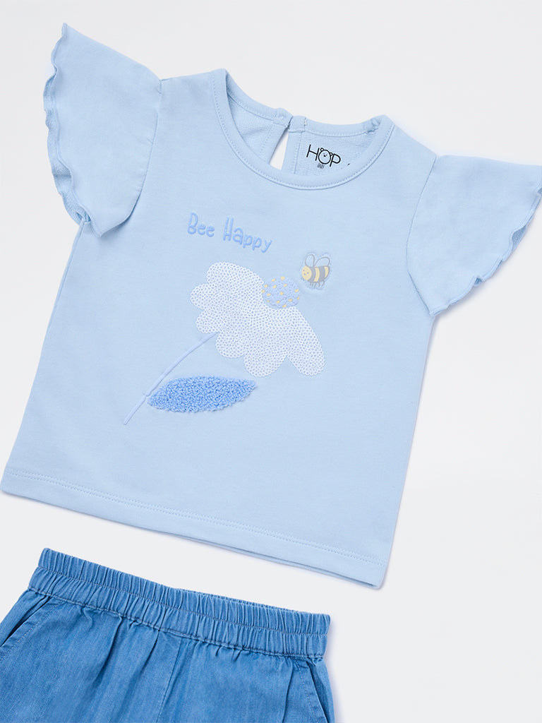 HOP Baby Girls Blue Floral Cotton T-Shirt and Shorts Set