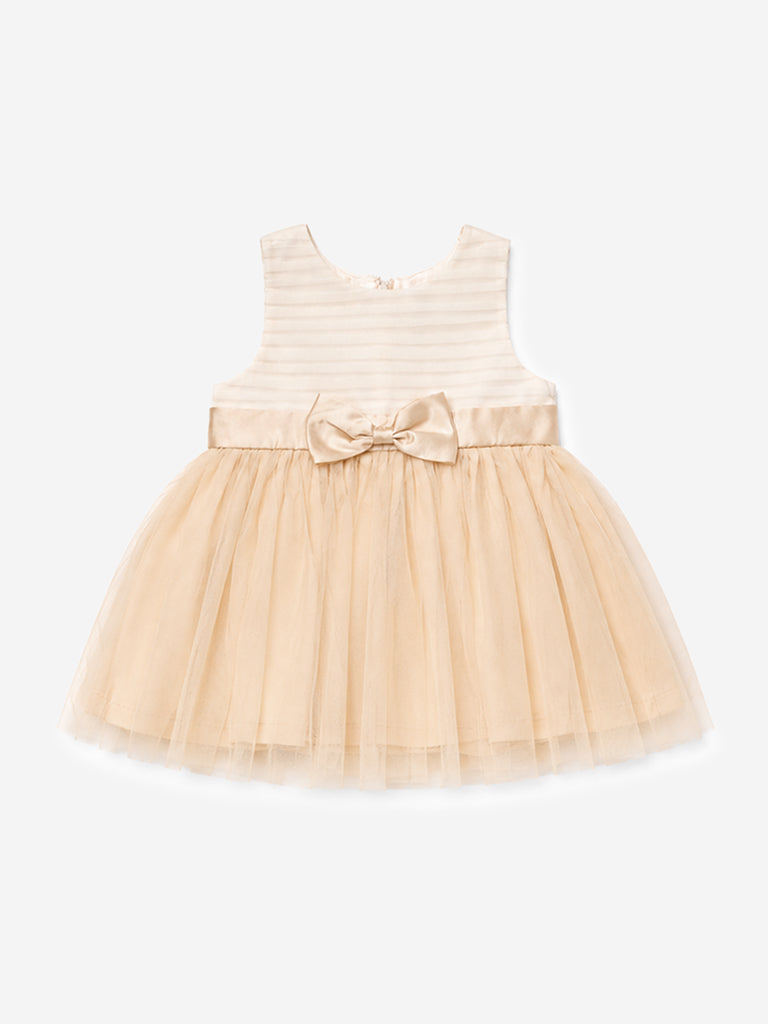 HOP Baby Girl Beige Bow-Detail Fit-and-Flare Dress