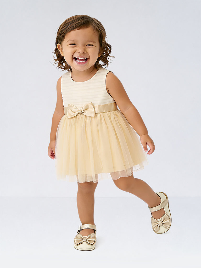 HOP Baby Girl Beige Bow-Detail Fit-and-Flare Dress