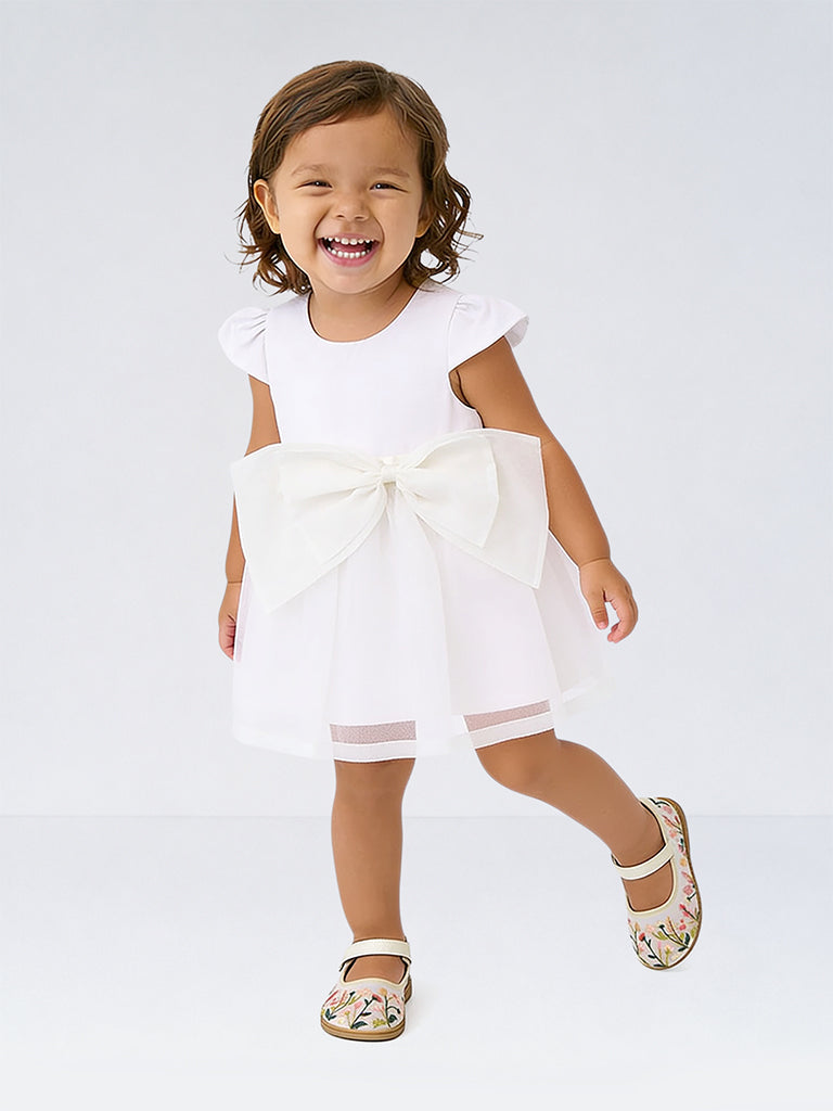 HOP Baby Girl White Bow-Detail Fit and Flare Dress