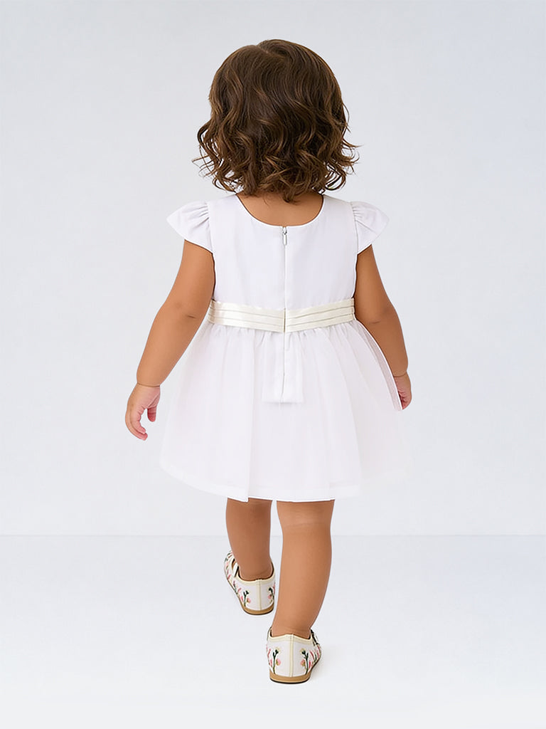 HOP Baby Girl White Bow-Detail Fit and Flare Dress