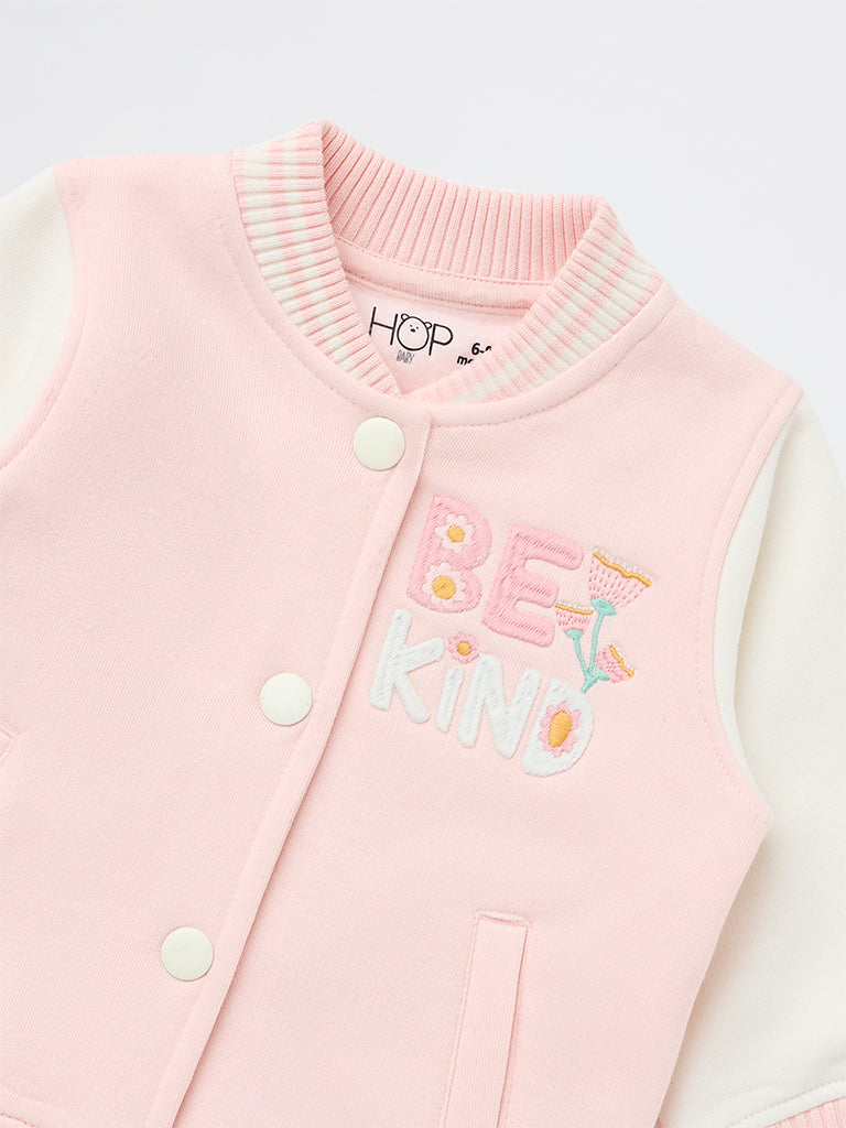 HOP Baby Girls Pink Embroidered Cotton-Blend Varsity Jacket