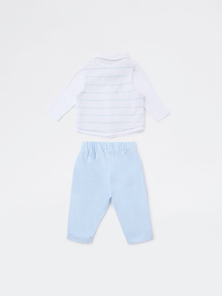 HOP Baby Boys Blue Striped Cotton-Blend Waistcoat, Shirt, Pants and Bow Set