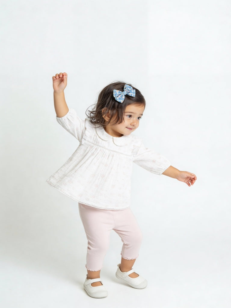 HOP Baby Girls White Cotton-Blend Top and Leggings Set