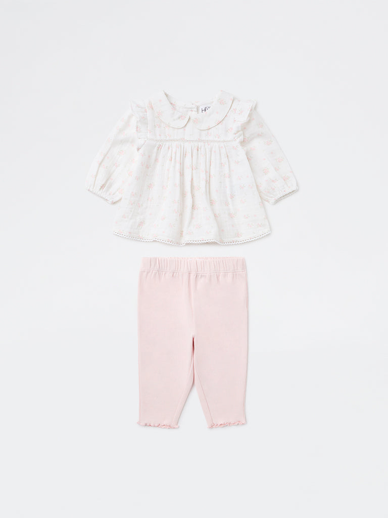 HOP Baby Girls White Cotton-Blend Top and Leggings Set