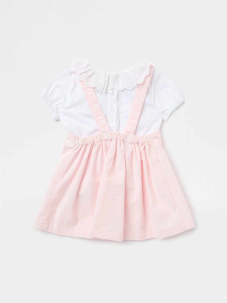 HOP Baby Girls Pink Embroidered Cotton T-Shirt and Pinafore Set